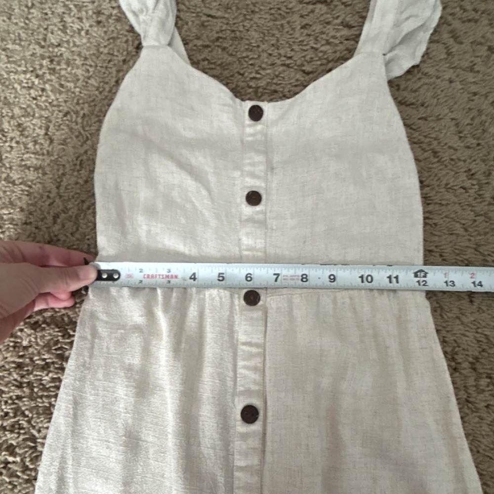 Monteau Beige Linen Blend Sundress S Button Front Ruffle Strap Knee Length - Picture 9 of 11